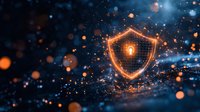Glowing orange shield icon with digital grid pattern floating in dark space with bokeh light effects and particles, representing cybersecurity protection.