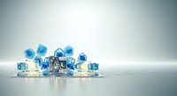 Luxury gift boxes with blue bows and ribbons arranged around a silver present on reflective surface, suitable for holiday marketing and seasonal promotions.