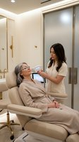 Professional aesthetician performing facial treatment on mature woman client in luxury spa clinic with modern equipment and elegant interior design.