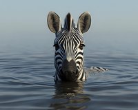 Zebra swimming in calm blue water with head above surface, showing distinctive black and white striped pattern and alert ears against misty background.