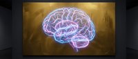 Glowing neon brain with neural pathways on golden textured background for medical education, neuroscience research, artificial intelligence concepts.