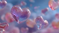 Floating translucent glass hearts with rainbow reflections and soft bokeh lighting create romantic atmosphere for Valentine's Day celebrations.