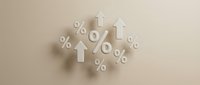 Percentage and upward arrow symbols in white on neutral beige background, representing growth, increase, profit, financial success, investment returns, and business performance metrics.