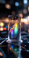 Glowing rainbow stock market chart hologram in glass cylinder with bokeh background, futuristic financial data visualization concept for business presentations.