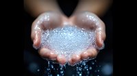 Cupped hands holding sparkling clear water with droplets falling against dark background, symbolizing purity, wellness and environmental conservation.