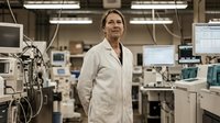 Female scientist or laboratory technician of European descent wearing white lab coat standing in modern research facility with medical equipment and computer monitors in background.