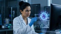 Female scientist in lab coat examining holographic virus model with blue gloves in modern laboratory for medical research and biotechnology studies.