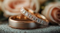 Wedding rings with diamonds on textured fabric, rose gold band paired with classic men's ring, soft pink roses in background, romantic jewelry photography.