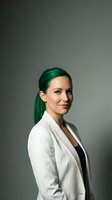 Confident young Caucasian businesswoman with green hair in white blazer smiling, studio portrait on gray background, creative professional style.