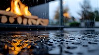 Dramatic close-up of rain drops falling on dark wet surface with glowing fire flames reflection creating atmospheric moody scene with bokeh light effects.