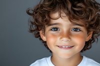 Cheerful Latino boy with curly brown hair and bright blue eyes wearing white t-shirt smiling against dark background. Natural childhood portrait.