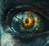 Surreal macro view of human eye with golden clock face reflected in pupil, surrounded by teal and turquoise tones, representing concept of time perception.