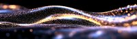 Abstract golden wave of glowing particles on black background, creating futuristic digital landscape for technology or science concepts.