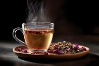 Glass cup of steaming herbal tea on wooden plate with dried flower petals and herbs, moody dark background with dramatic lighting and rising steam.
