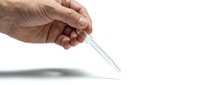 Close-up of adult hand holding syringe needle against white background, medical injection concept for healthcare, vaccination, and pharmaceutical treatment applications.