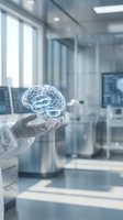 Hand holding glowing digital brain hologram in modern medical laboratory representing artificial intelligence, neuroscience research and healthcare innovation.