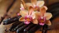 Peach and pink orchid flowers on dark vanilla pods, creating aromatic spa composition with natural ingredients. Wellness and aromatherapy concept.