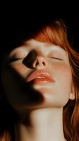 Young woman with freckles and red hair in dramatic shadow light, eyes closed, face close-up showing natural beauty and serenity against dark background.