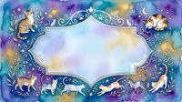 Watercolor frame with cats and celestial elements on cosmic background. Decorative border with felines, moon, stars for greeting cards, invitations.
