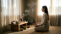 Young Asian woman practicing meditation in serene home interior with burning incense and natural sunlight streaming through curtains.