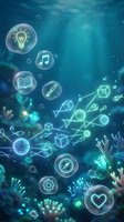 Underwater digital innovation concept with floating technology icons, bubbles and coral reef elements creating futuristic marine environment for creative projects.