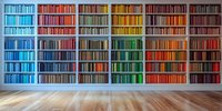 Colorful rainbow bookshelf with books arranged by color spectrum from blue to red on white shelves against wall with wooden floor.