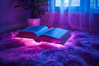 Open book with glowing pages on fluffy pink fur carpet in room with neon purple and blue lighting, creating cozy reading atmosphere.