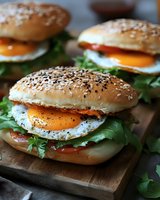Gourmet breakfast sandwich with fried egg, bacon and fresh greens on sesame seed bun served on wooden board for healthy morning meal and cafe menu.
