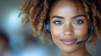 Young African American woman with natural curly hair wearing headset and smiling warmly against blurred background, representing customer service and positive communication.