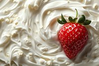 Fresh ripe strawberry on creamy white whipped texture background with soft shadows and natural lighting, macro food photography for dessert menus.