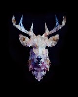 Geometric low poly deer head silhouette in pastel pink and blue crystal shapes on black background, modern abstract wildlife art style for wall decor.