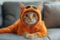 Tabby cat wearing orange knitted hoodie with ears on gray couch, playful pet costume for humorous animal content and social media sharing.