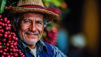 Senior Hispanic farmer with straw hat smiling while holding fresh red coffee cherries during harvest season, authentic portrait showing joy of agriculture work.