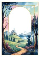 Fantasy landscape frame with castle, forest path and mountains in pastel colors. Fairy tale border design for storytelling, invitations and magical themes.