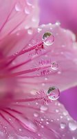 Delicate water drops on pink flower petals create magical refractions, with tiny crystalline formations and dew droplets catching morning light in macro photography.