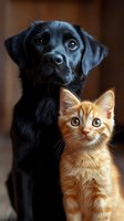 Black Labrador and ginger kitten sitting together, looking up with bright eyes against dark background. Close-up portrait showing friendship between cat and dog.