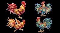 Colorful ornate roosters set with folk art patterns, isolated on transparent background, ready for stickers, sublimation, t-shirt design, clipart, and print on demand use.