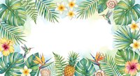 Tropical frame with palm leaves, exotic flowers, pineapple and seashells on white background for summer design projects and vacation themes.