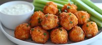 Spicy buffalo chicken meatballs served with cooling ranch dip and fresh celery sticks on white plate, close up view of appetizer with garnished herbs.