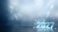 2027 happy new year text with glowing neon numbers and digital particles on dark blue background, suitable for holiday greeting cards and festive celebrations.