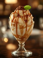 Vanilla ice cream sundae topped with caramel sauce, chocolate shavings and fresh mint leaf in elegant glass, served against warm bokeh background. Perfect for menu design.