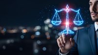 Businessman touching glowing digital scales of justice hologram against city lights background. Legal technology and law firm innovation concept.