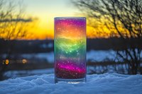 Glowing glass cylinder with vibrant rainbow gradient and sparkling particles sits on snow at sunset, creating magical light effect for artistic and fantasy design projects.