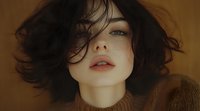 Young Asian woman with short dark curly hair and natural makeup wearing brown sweater against warm brown background, artistic portrait with soft lighting and dreamy mood.