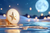 Golden star coin on water surface reflecting moonlight and floating lanterns in dreamy night scene, cryptocurrency and digital payment concept.