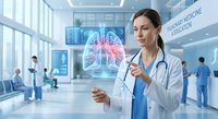 Female doctor examining holographic lung display in modern medical facility with digital healthcare technology for respiratory diagnosis and treatment.