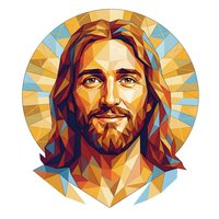 Geometric low poly portrait of Jesus Christ with radiant halo and sunburst background in warm golden tones for religious and spiritual design projects.