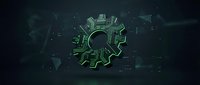 Green digital gear with circuit board patterns on dark tech background for automation and engineering concepts.