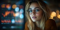 Young Caucasian woman in glasses looking thoughtfully aside against blurred city lights background, warm evening atmosphere with bokeh effects creates moody cinematic feel.