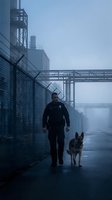 Security guard with police dog patrolling industrial facility in foggy morning atmosphere for safety and surveillance operations.